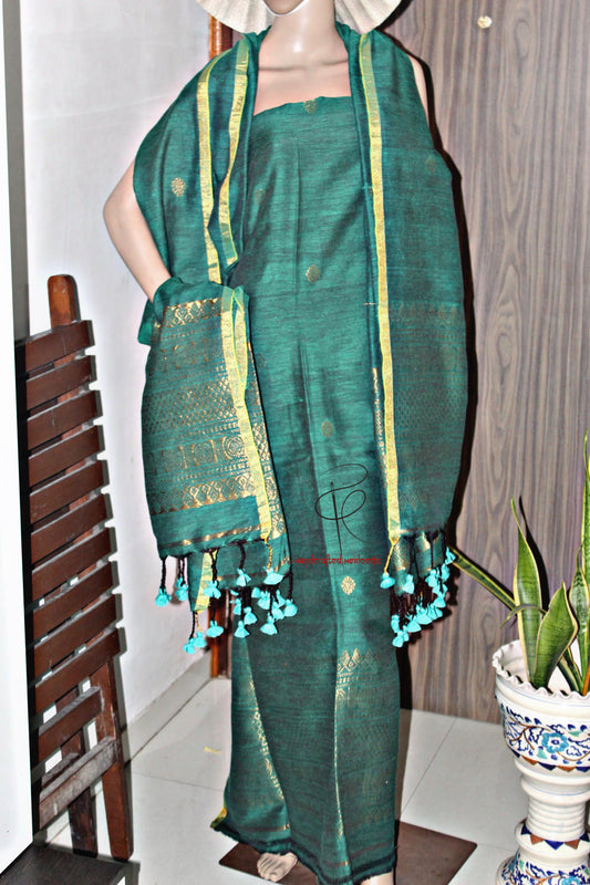 Ramya- Premium Textured Linen Suit with Madurai Border Top & Dupatta | Elegant Handwoven Craft