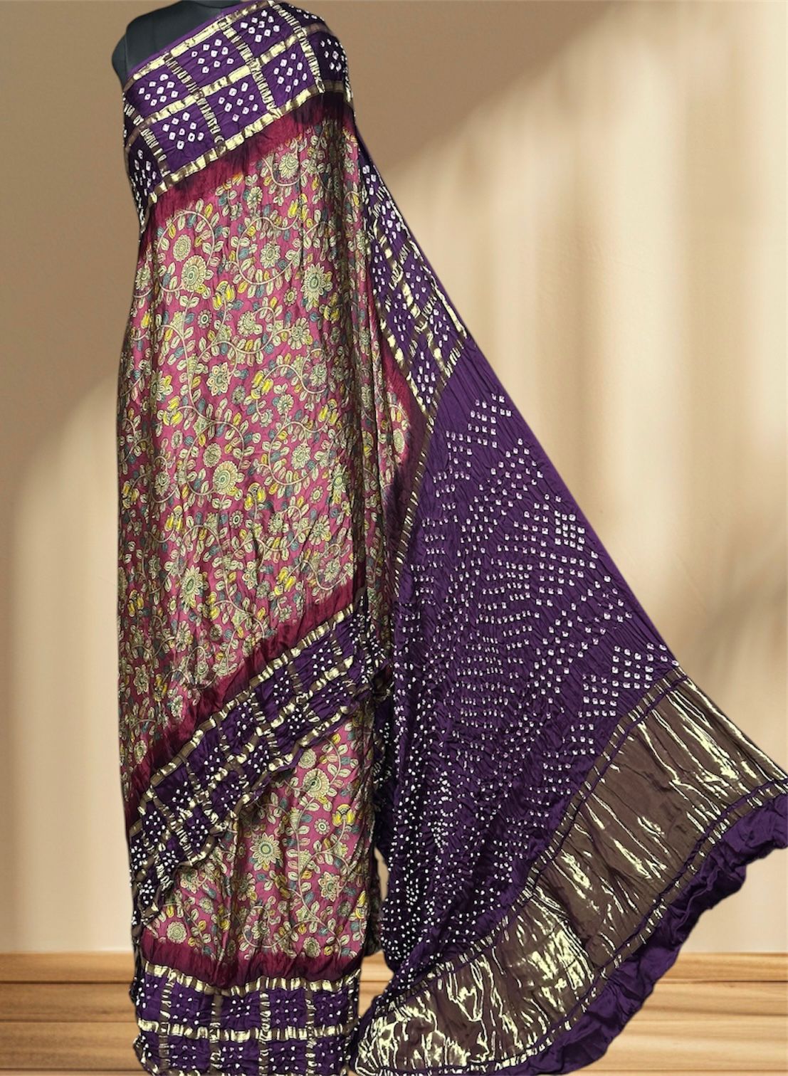 Kalamkari Bandhej Modal Silk Saree with Heavy Tissue Pallu | Digital Print Natural Dye |