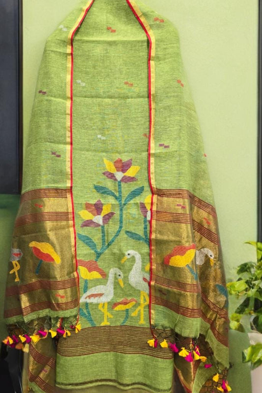 Kora Jayshree Pure Linen Hand Weaving Jamdani Kurti Set 🌼