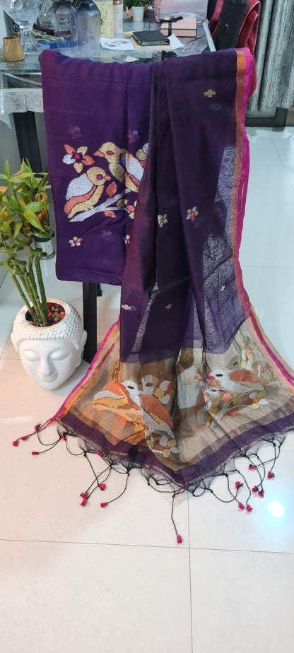 Muslin Dual Zari Weaved Jamdani Suit – Bird Motif Elegance