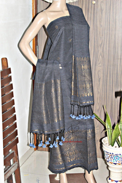 Ramya- Premium Textured Linen Suit with Madurai Border Top & Dupatta | Elegant Handwoven Craft