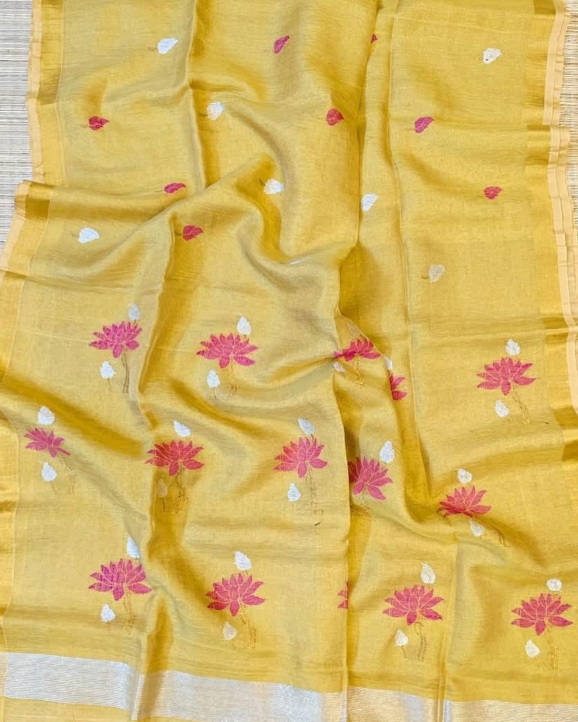 Pure Tissue Linen Handwoven Butta Work Jamdani Saree with Running Blouse Piece Premium Handloom Collection