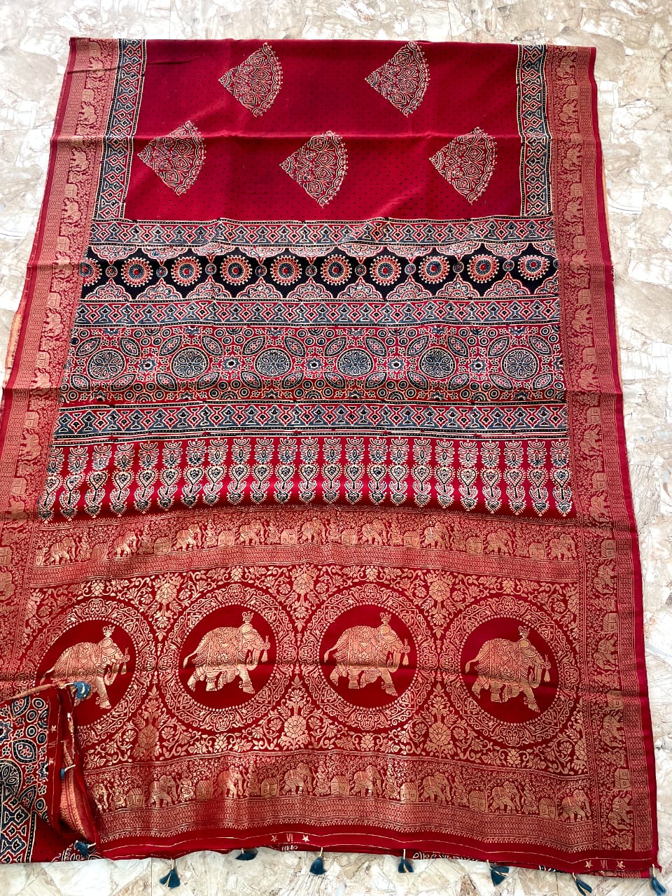 Dola Benarasi Pallu Ajrakh Hand Block Print Saree | Authentic Handloom Elegance