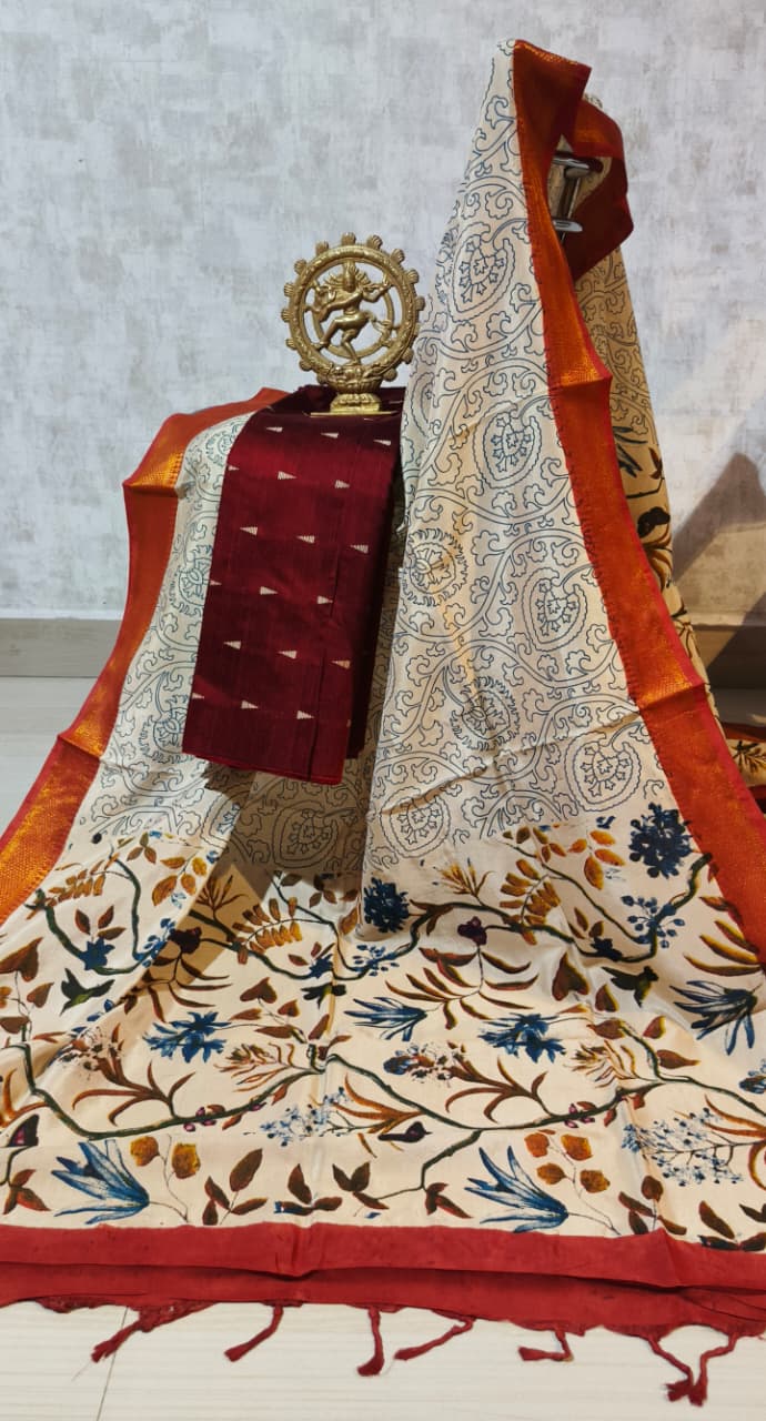 Ikkat Raw Silk Unstitched Dress Material with Kalamkari Dupatta