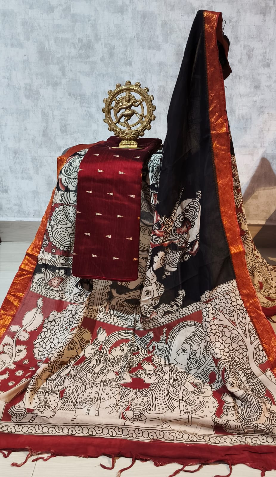 Ikkat Raw Silk Unstitched Dress Material with Kalamkari Dupatta