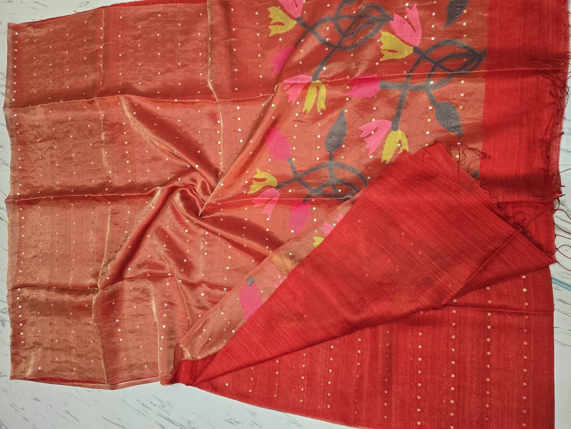 Raga sequin Matka saree with textured Matka body and elegant half tissue resham sequin Jamdani anchal. By Rihyaaz 