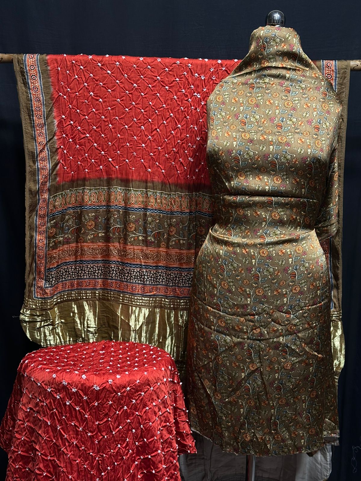 Kalamkari Bandhej 3-Piece Suit – Premium Modal Silk Elegance