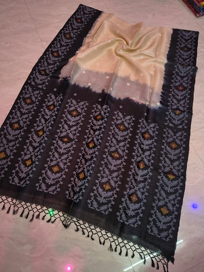 Pure Tussar Jamdani Tie-Dye Saree | Handwoven Tussar Silk with Blouse