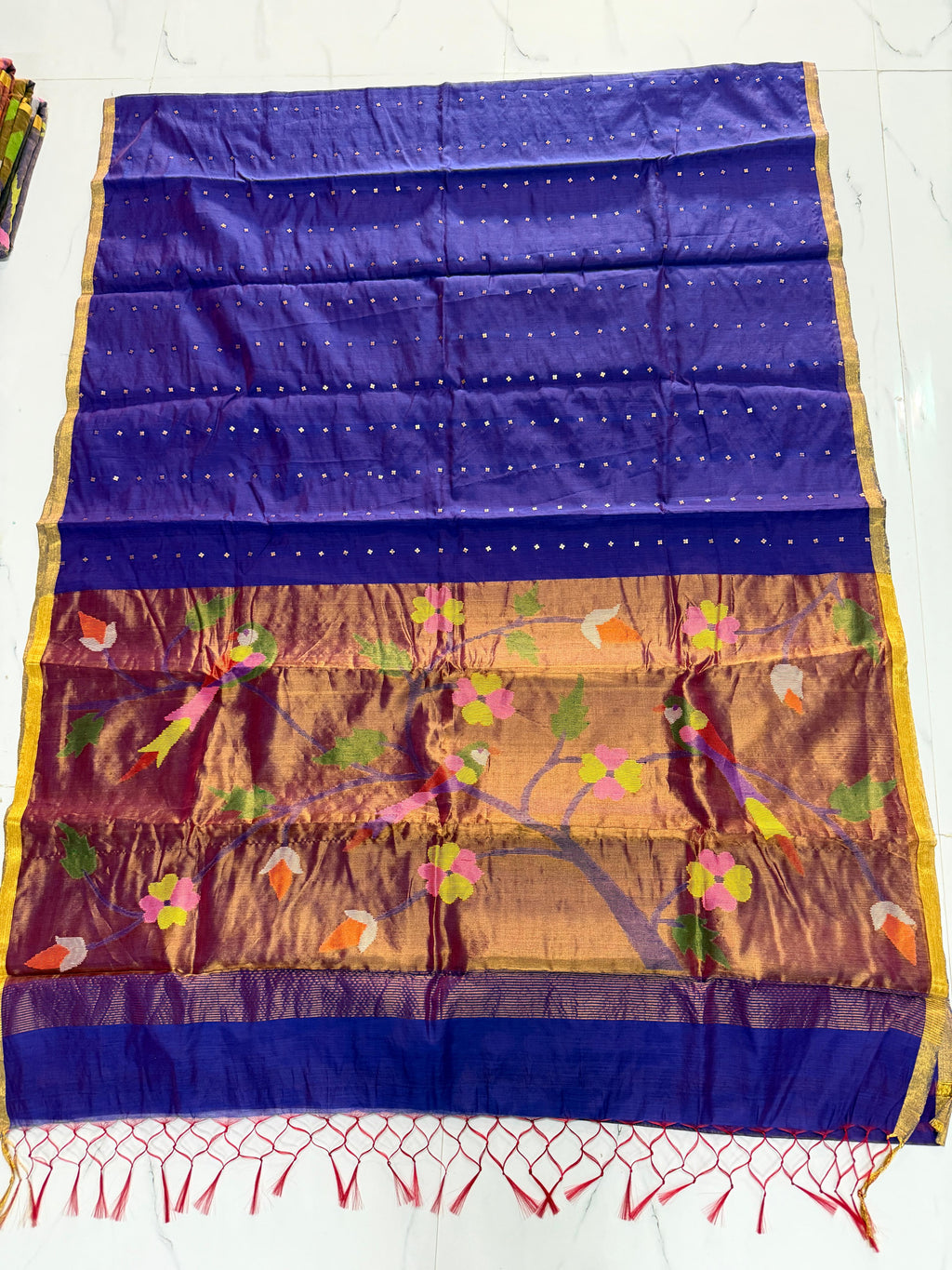 Tehni Royal blue sequin weaved Muslin Paithani saree by Rihyaaz, elegant traditional festive saree with intricate Paithani weaving and allover weaved sequin detailing.