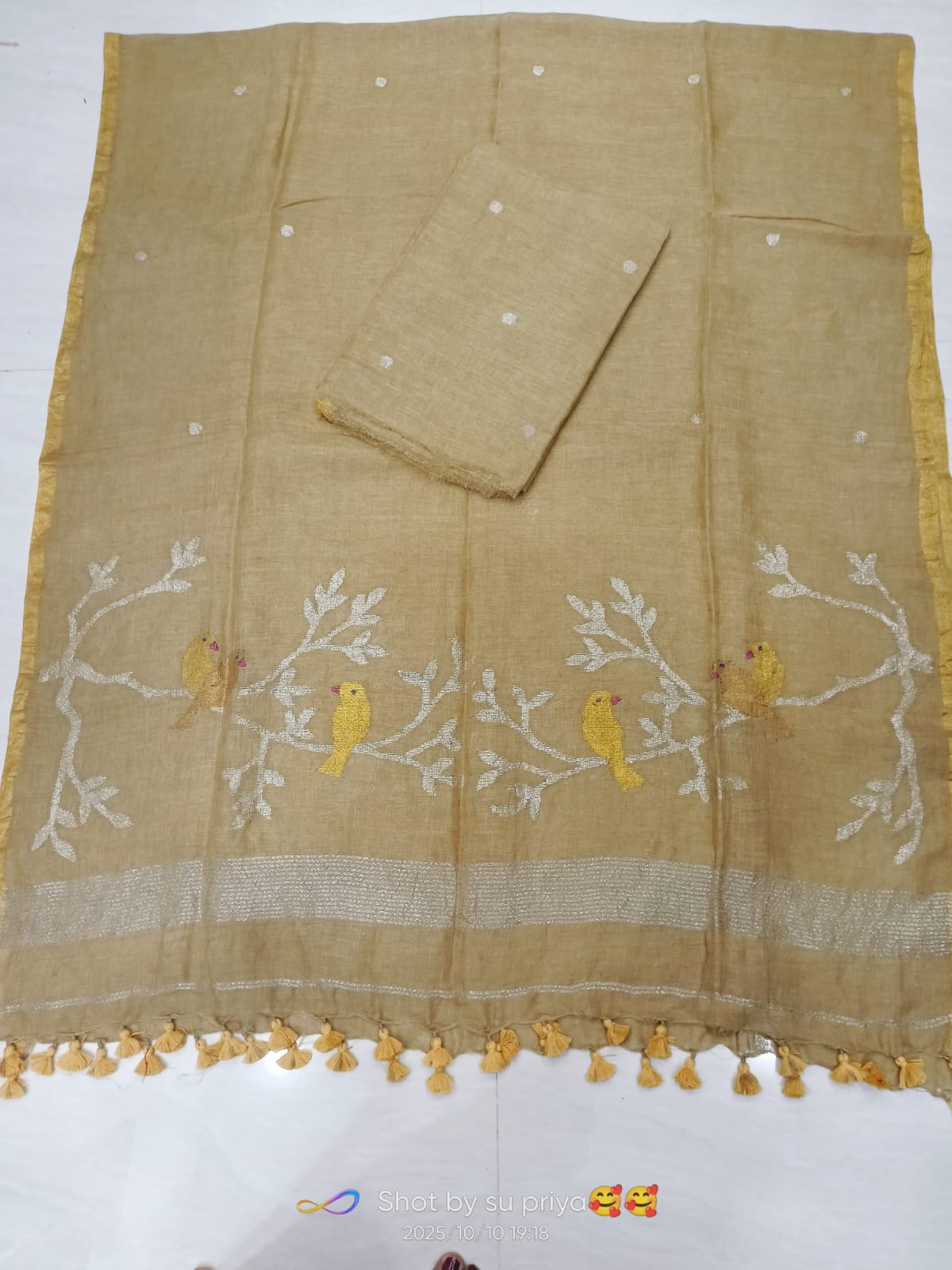 Doyel dual zari bird motif linen suit