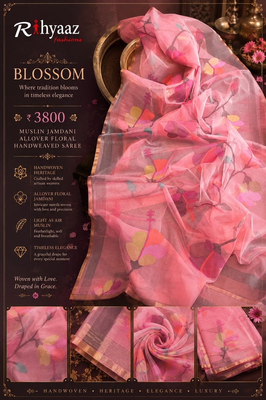 Blossom muslin Jamdani saree with allover floral handwoven motifs by Rihyaaz