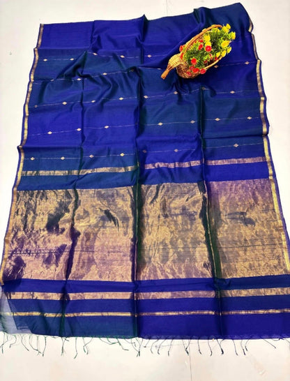 Noor, royal blue premium silk dual-tone Maheshwari saree by Rihyaaz Fashions, blending traditional Indian handloom elegance with timeless festive styling.