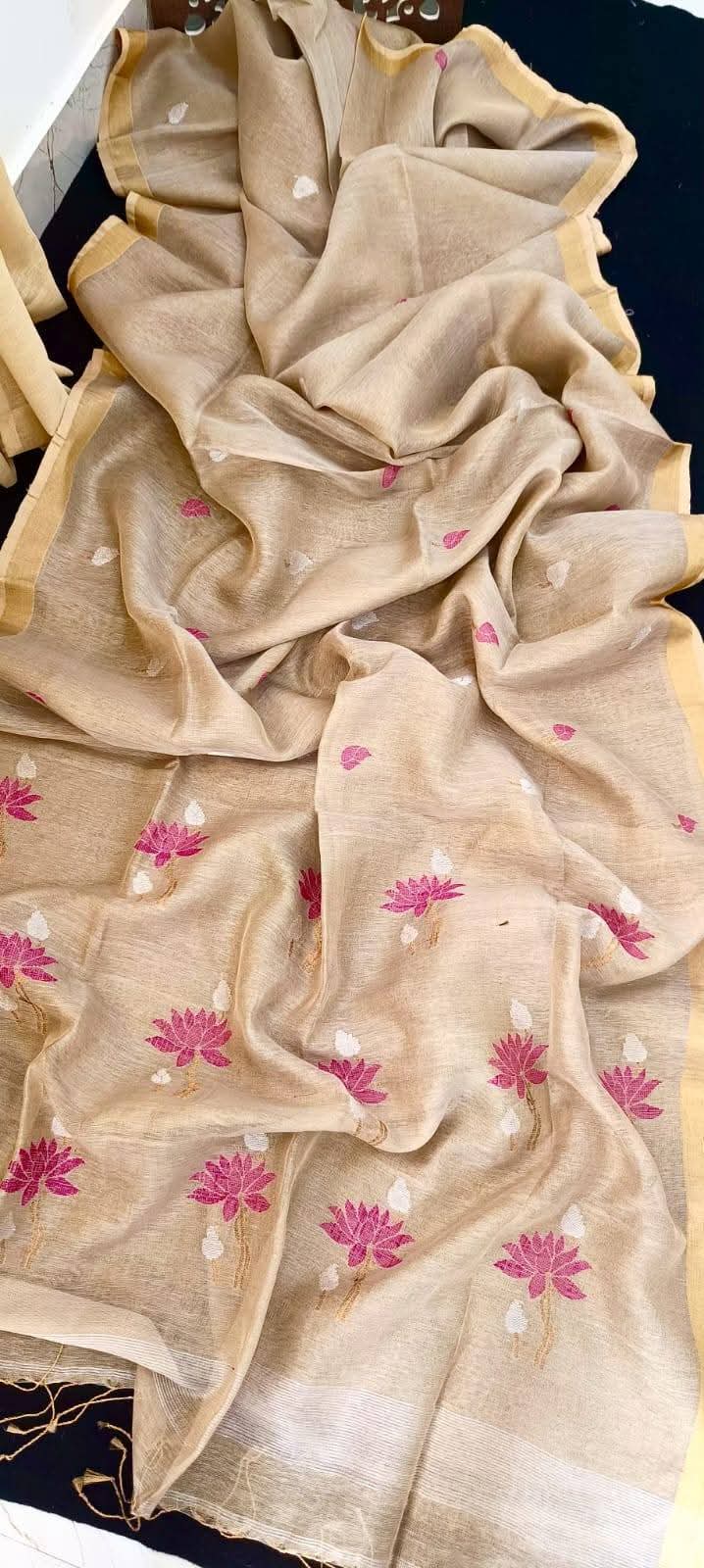 Pure Tissue Linen Handwoven Butta Work Jamdani Saree with Running Blouse Piece Premium Handloom Collection