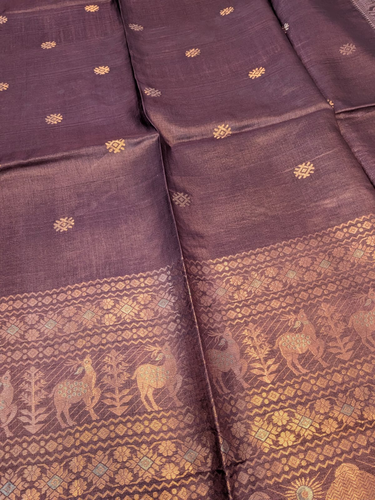 Hiran Dark brown pure Bengal Tussar silk Swarnachuri saree by Rihyaaz Fashions with running blouse piece.