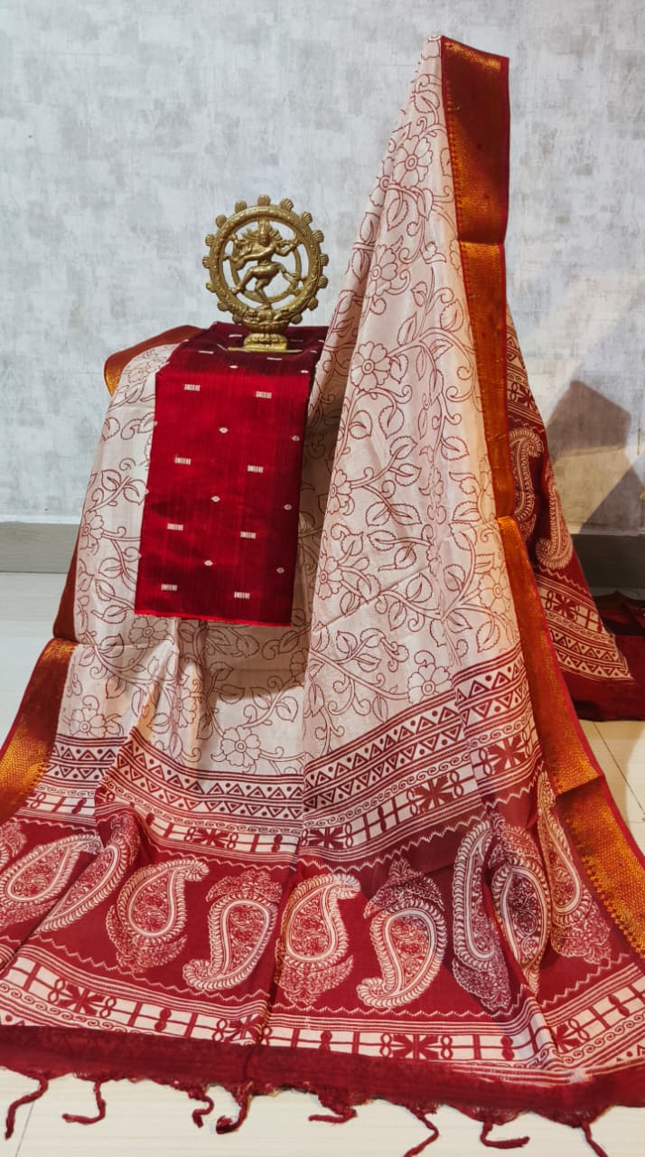 Ikkat Raw Silk Unstitched Dress Material with Kalamkari Dupatta