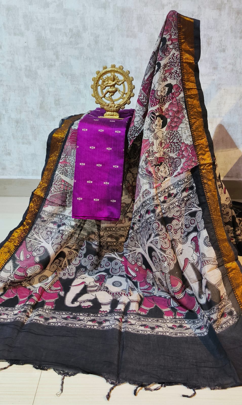 Ikkat Raw Silk Unstitched Dress Material with Kalamkari Dupatta