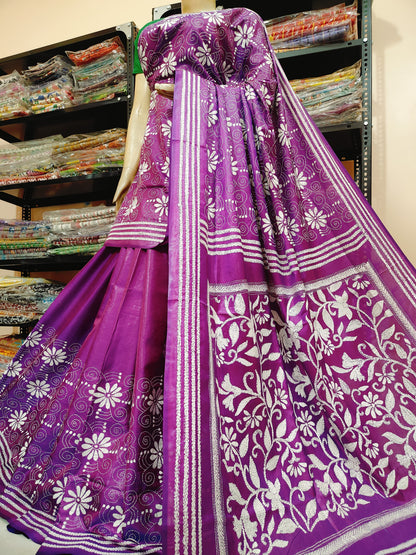 Traditional Shantiniketan Hand Kantha Stitch Saree in Blended Bangalore Silk | Rihyaaz