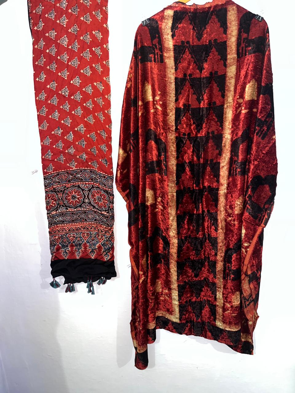 Nayab – Silk Velvet Ajrakh Suit with Modal Silk Dupatta (2.5 mtr)