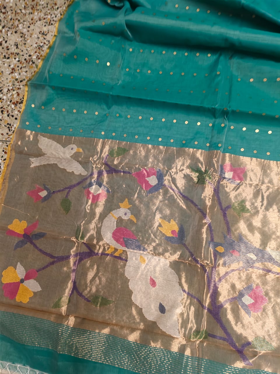 Goonj brass sequin embedded resham paithani saree