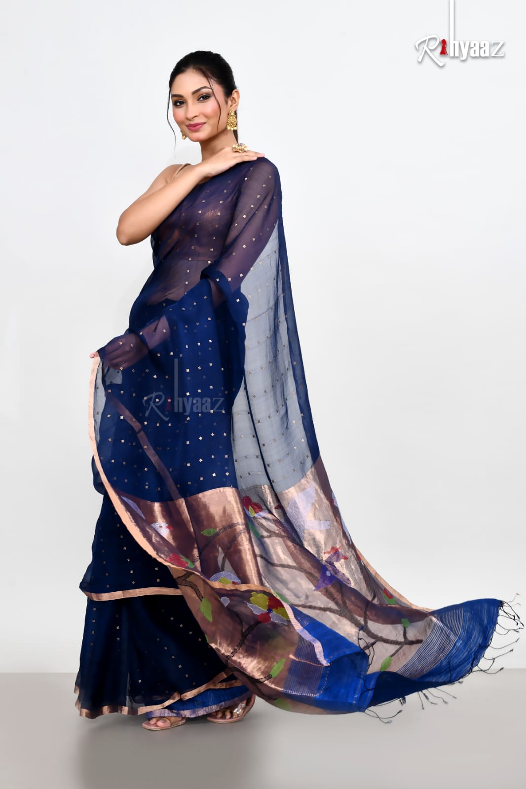 Aleya - 100% pure 4 ply by 4 ply resham silk sequins with tested zari paithani jamdani With pure reshom matka blouse piece