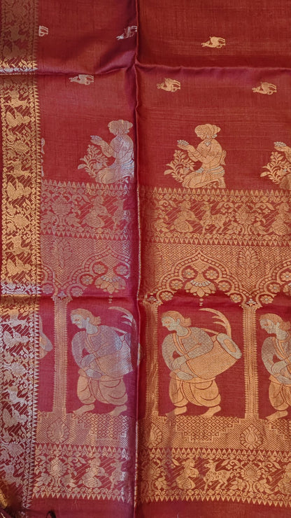 Dhakai exclusive pure Bengal tussar silk saree featuring elegant Tussar Swarnachuri weave, paired with a running blouse piece, from Rihyaaz’s premium handloom collection.