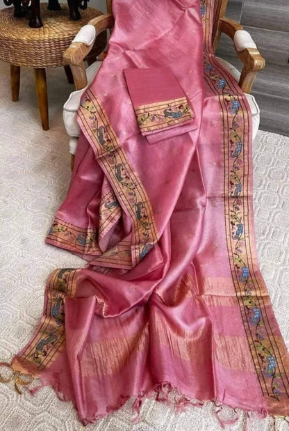 Pure Handloom Tussar Silk Suit - Exquisite Embroidery Border | Premium Weave | Silk Mark Certified