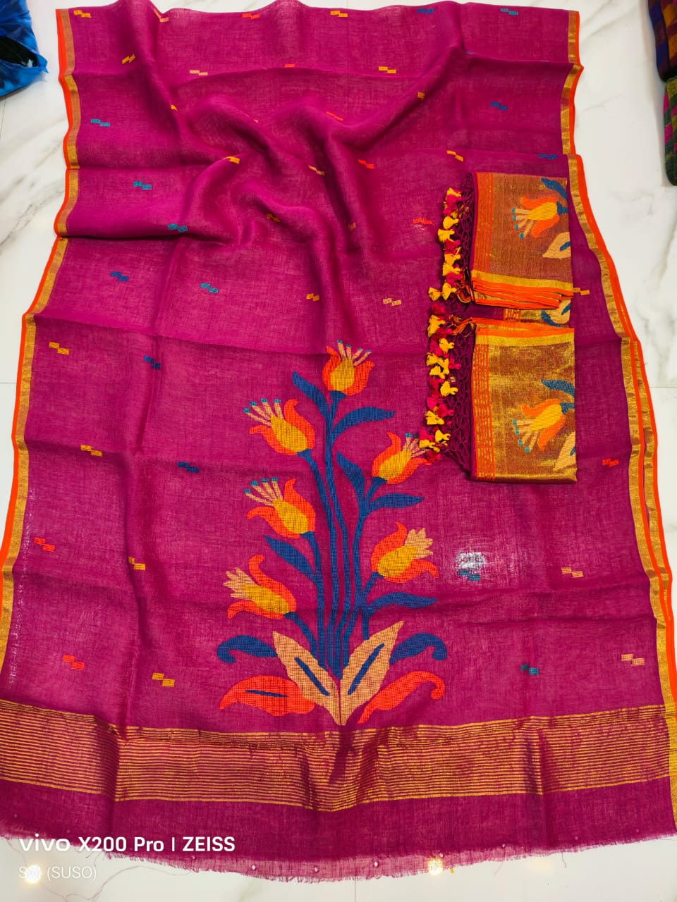 Cosmos – Floral Multicolour Weaved Jayshree Linen by Linen Jamdani Suits