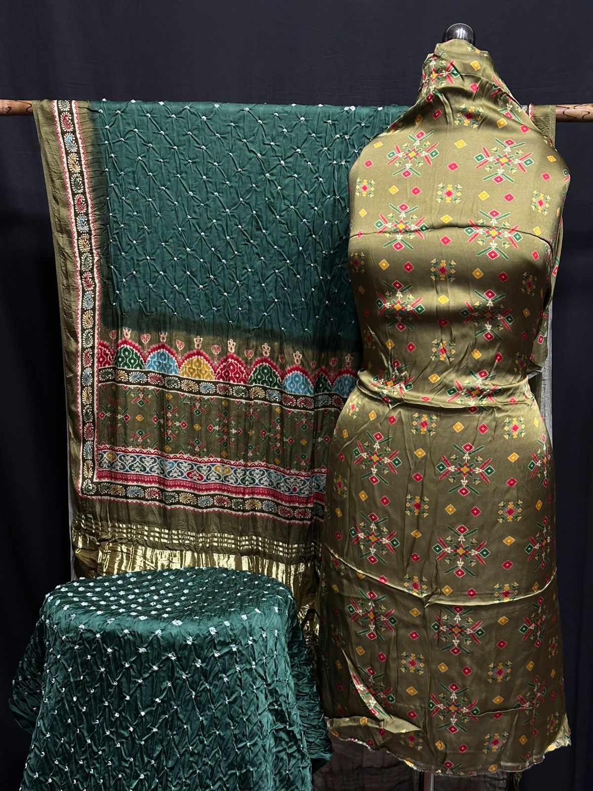 Kalamkari Bandhej 3-Piece Suit – Premium Modal Silk Elegance