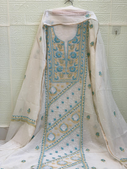 Fabric Mul Mul Chanderi Suit Set – Kurta & Dupatta | Chikan Fine Work | Colour Thread Embroidery | Pearl & Cuttdhana Detailing | Dyeable Fabric
