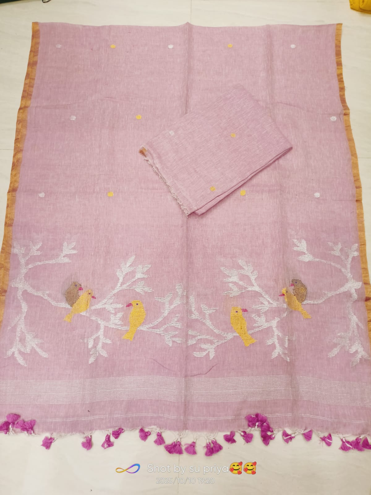 Doyel dual zari bird motif linen suit