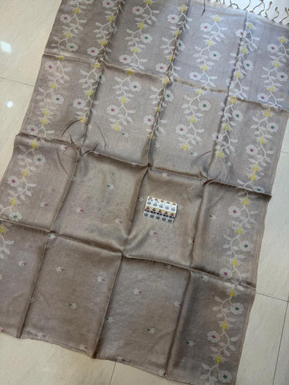 Rihyaaz Light Gray authentic pure Gachhi 2-ply Tussar Jamdani saree with PL weaving, unique all-over butti work, Silk Mark certified tag and running blouse piece.