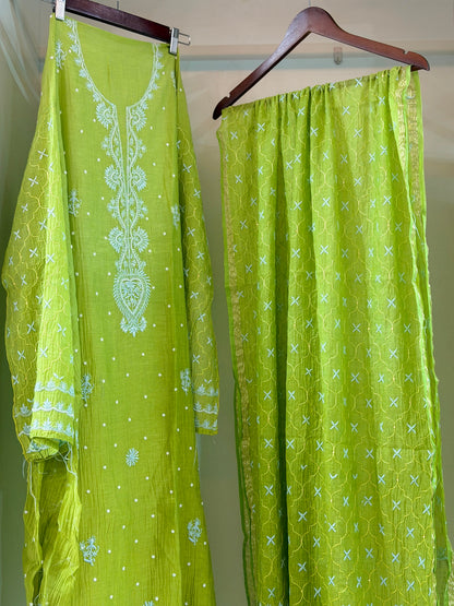 Pure Mulmul Chanderi Chikankari Straight Suit Set with Heavy Resham Jaal Work | Semi-Stitched | Rihyaaz