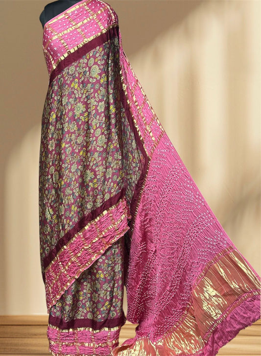 Kalamkari Bandhej Modal Silk Saree with Heavy Tissue Pallu | Digital Print Natural Dye |