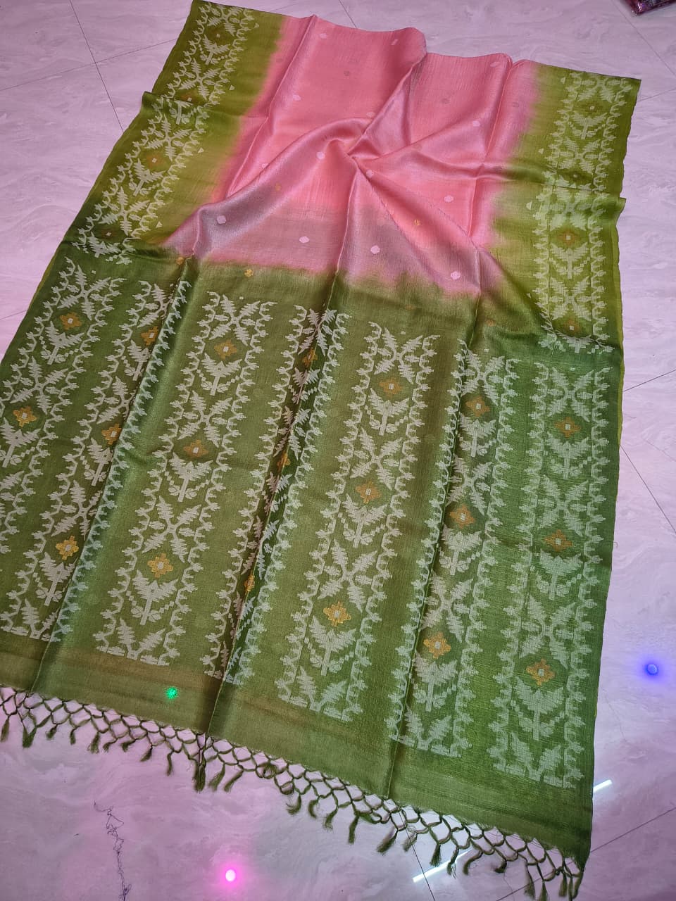 Pure Tussar Jamdani Tie-Dye Saree | Handwoven Tussar Silk with Blouse