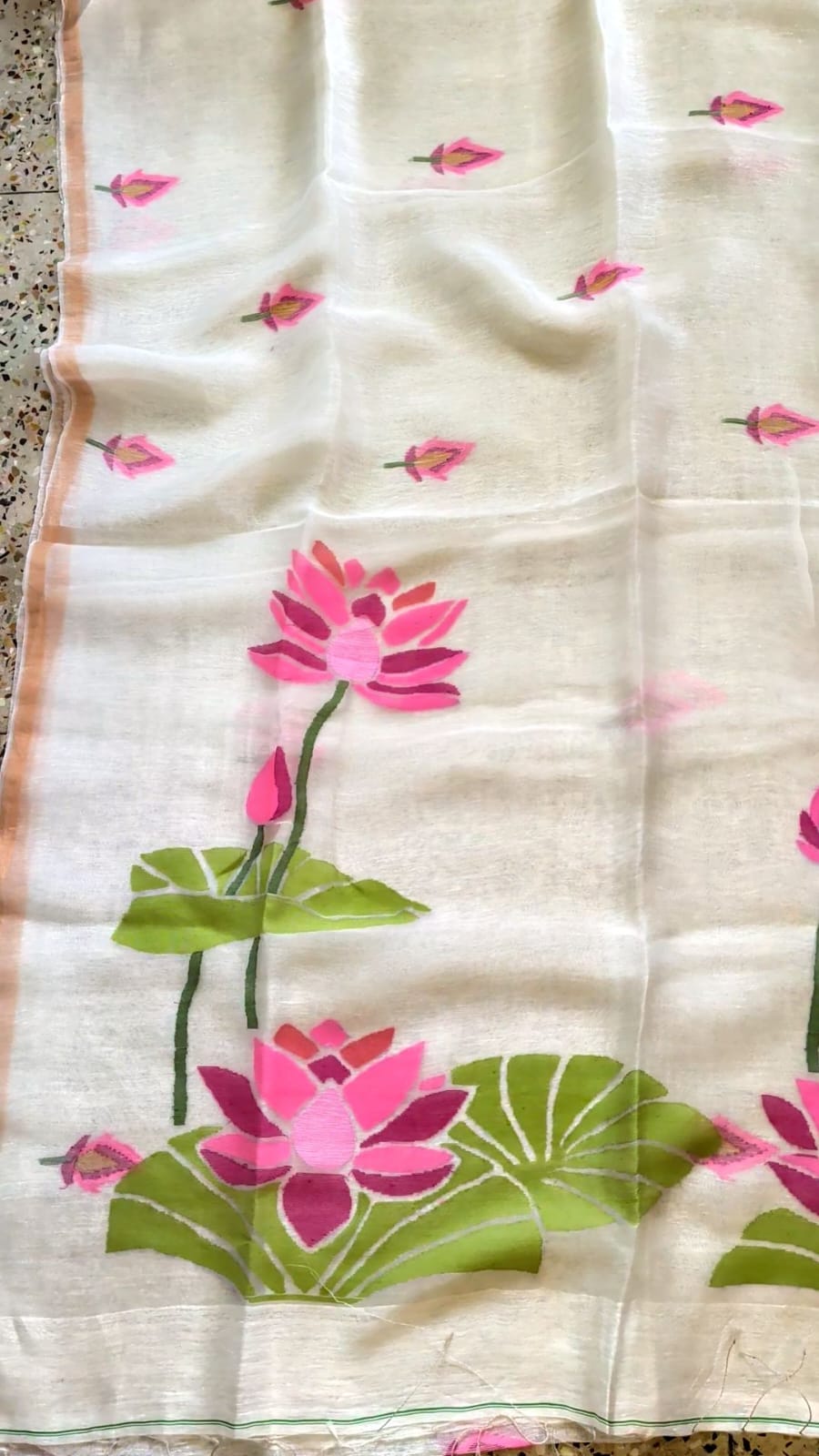 Sushma Pure Silk Jayashree Linen Saree with Handwoven Lotus Needlework | Dyeable | Rihyaaz