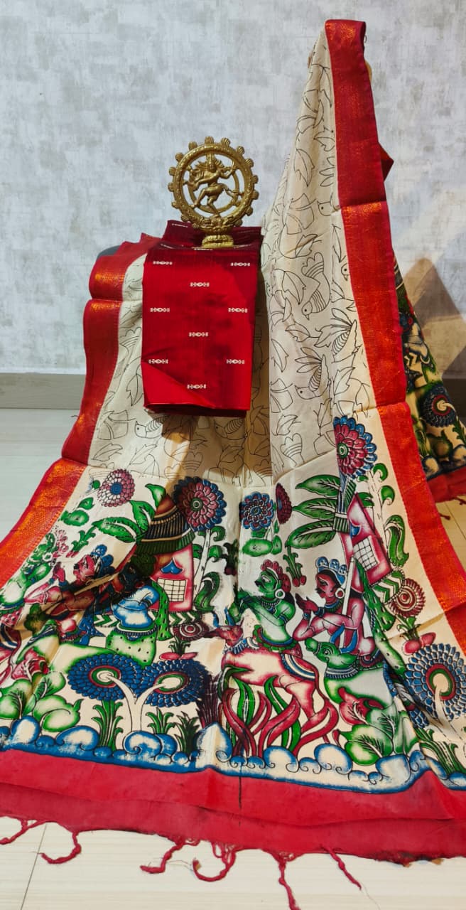 Ikkat Raw Silk Unstitched Dress Material with Kalamkari Dupatta