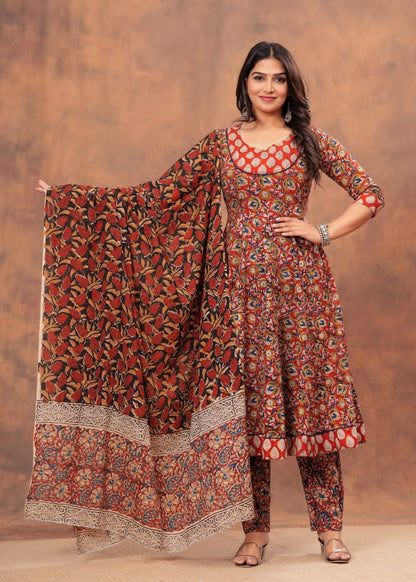 A-Line Anarkali Kurti Pant Set With Dupatta - Bagru Hand Block Printed | Pure Cotton Fabric | Customisable Sizes