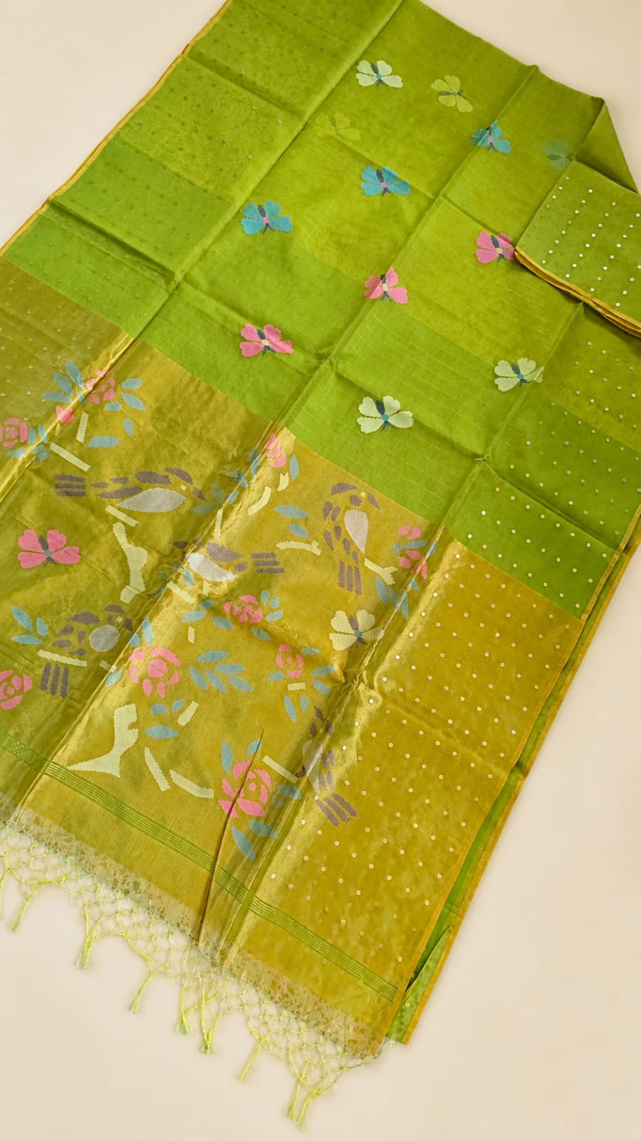 Titli by Rihyaaz – Beautiful muslin Paithani style needle work Jamdani saree with delicate sequins work and matching blouse piece, handcrafted for festive and occasion wear.