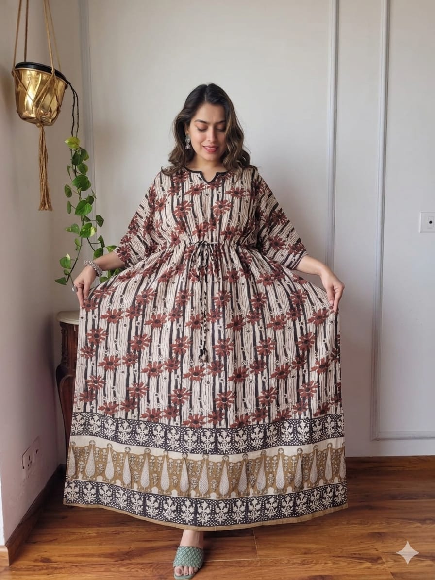 Pure Cotton Ajrakh Print Kaftan (Free Size 36-52") | Hand Block Kaftans