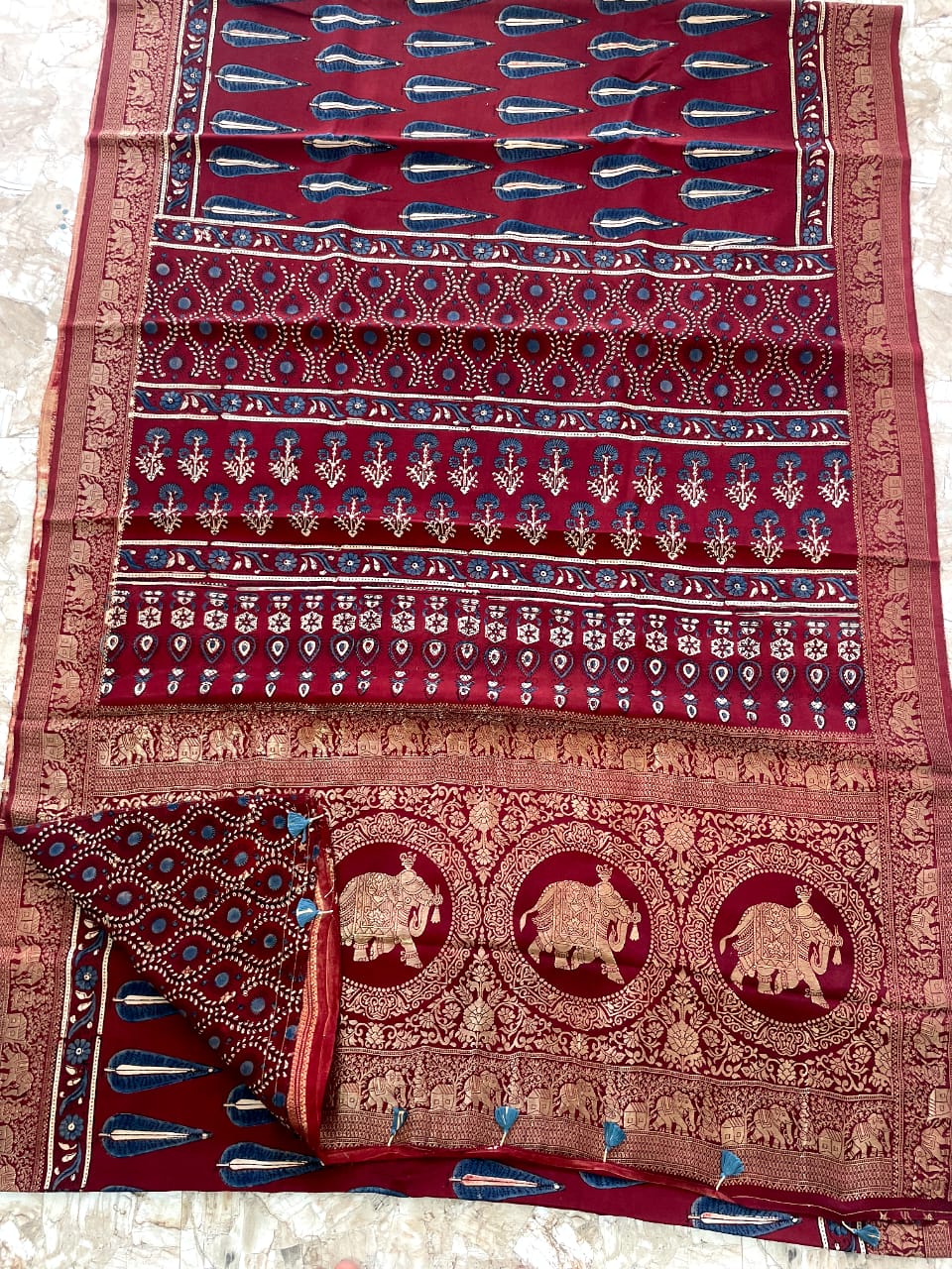 Dola Benarasi Pallu Ajrakh Hand Block Print Saree | Authentic Handloom Elegance