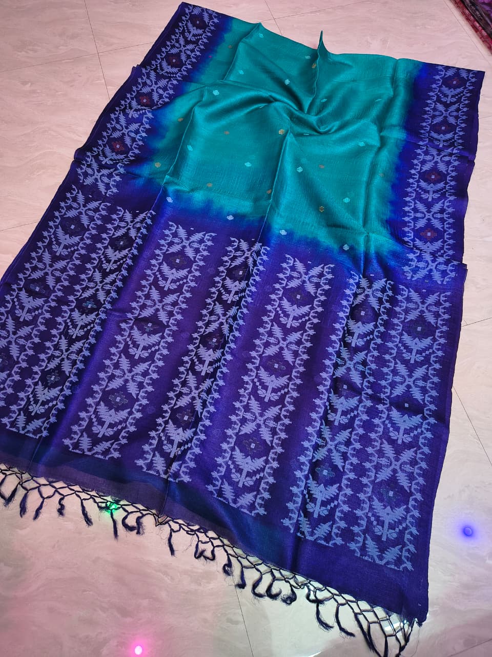 Pure Tussar Jamdani Tie-Dye Saree | Handwoven Tussar Silk with Blouse