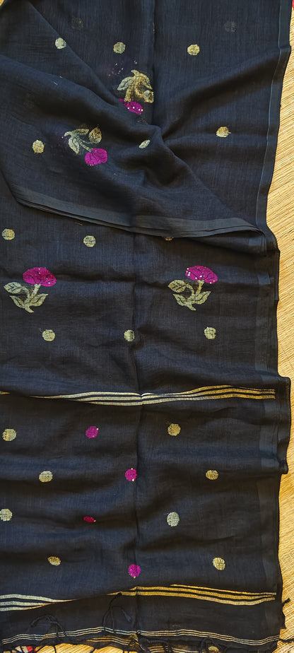 Rukh Pure Linen by Linen handwoven floral motif Jamdani saree with sequence work on motifs and pallu, needlework butta and blouse piece by Rihyaaz