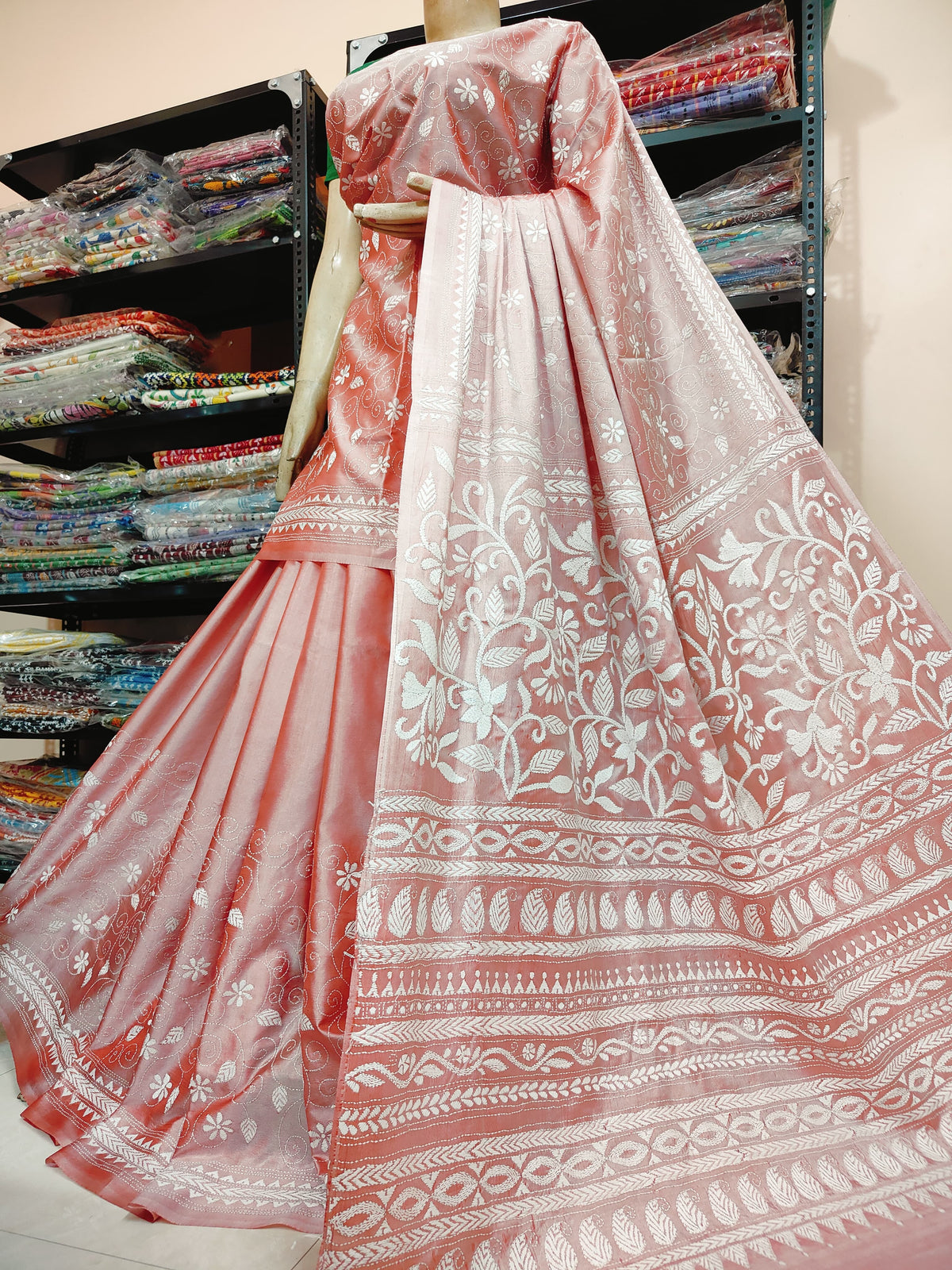 Traditional Shantiniketan Hand Kantha Stitch Saree in Blended Bangalore Silk | Rihyaaz