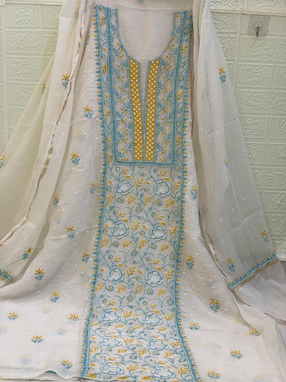 Fabric Mul Mul Chanderi Suit Set – Kurta & Dupatta | Chikan Fine Work | Colour Thread Embroidery | Pearl & Cuttdhana Detailing | Dyeable Fabric