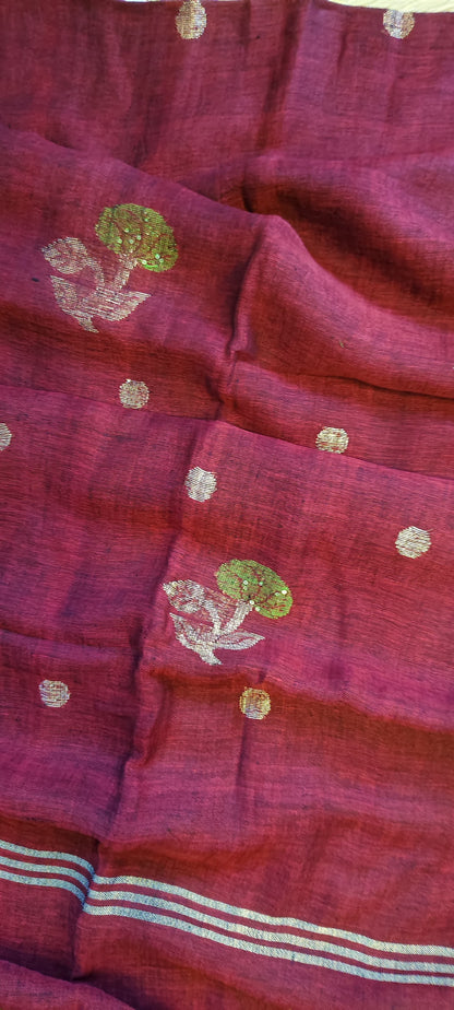 Rukh Pure Linen by Linen handwoven floral motif Jamdani saree with sequence work on motifs and pallu, needlework butta and blouse piece by Rihyaaz