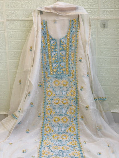 Fabric Mul Mul Chanderi Suit Set – Kurta & Dupatta | Chikan Fine Work | Colour Thread Embroidery | Pearl & Cuttdhana Detailing | Dyeable Fabric