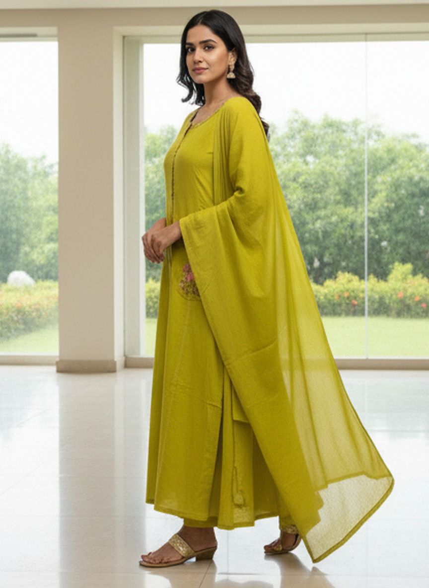 Kaavya – Elegant Flair Straight Kurta Set | Cotton Pant & Malmal Dupatta | Premium Embroidered Suit Set