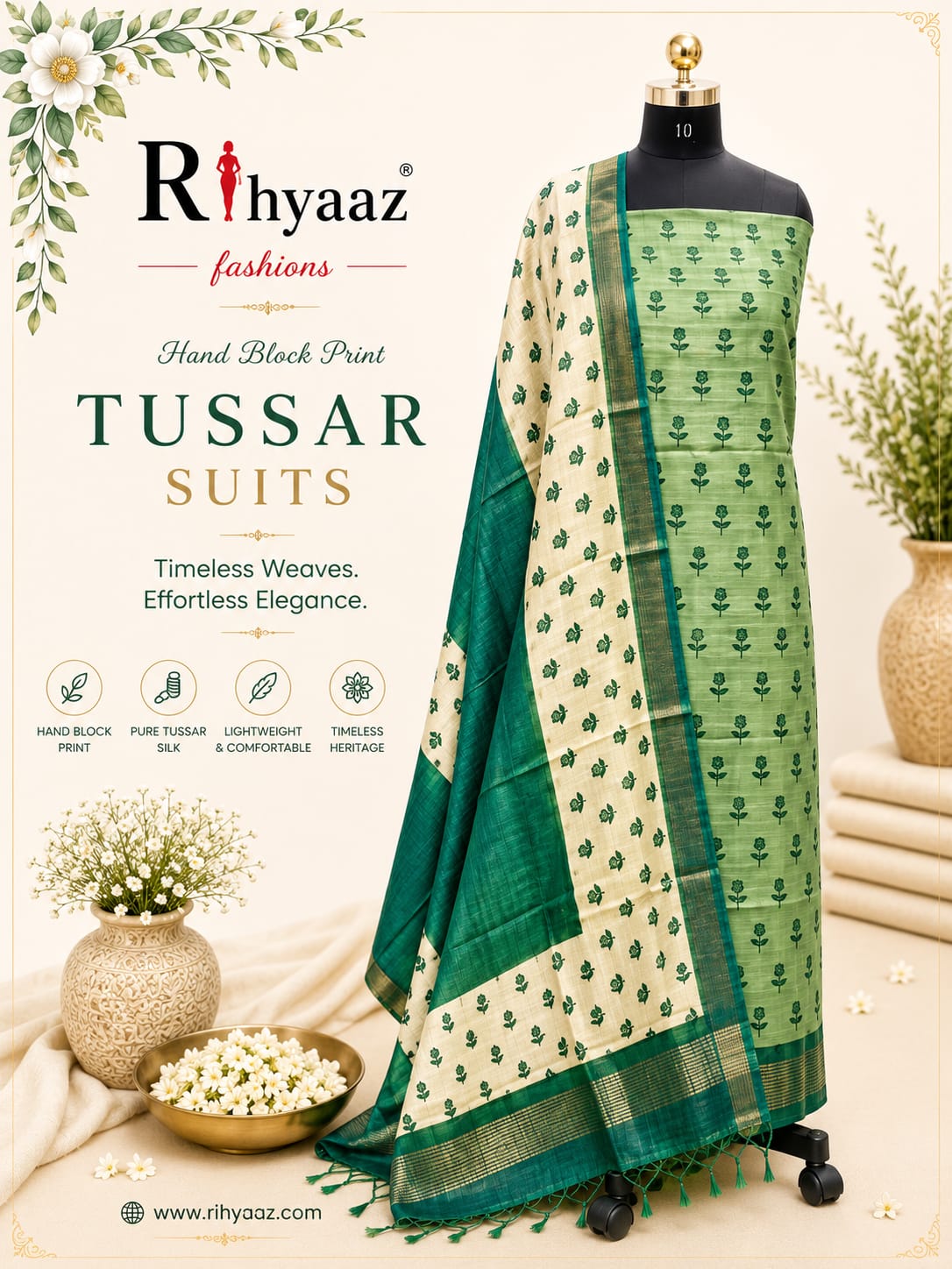 Shringar Handblock Printed Tussar Suit with Zari Border Dupatta
