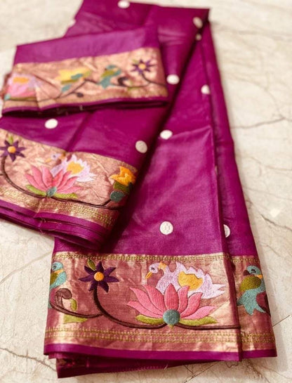 Pure Handloom Tussar Silk Suit - Exquisite Embroidery Border | Premium Weave | Silk Mark Certified