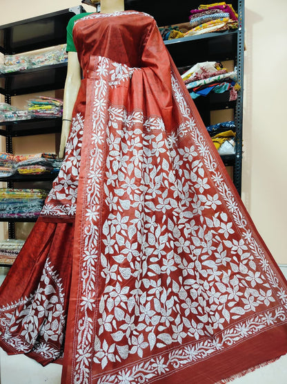Traditional Shantiniketan Hand Kantha Stitch Saree in Blended Bangalore Silk | Rihyaaz